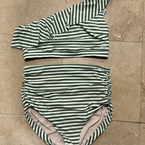 Green Striped One-Shoulder Swimsuit